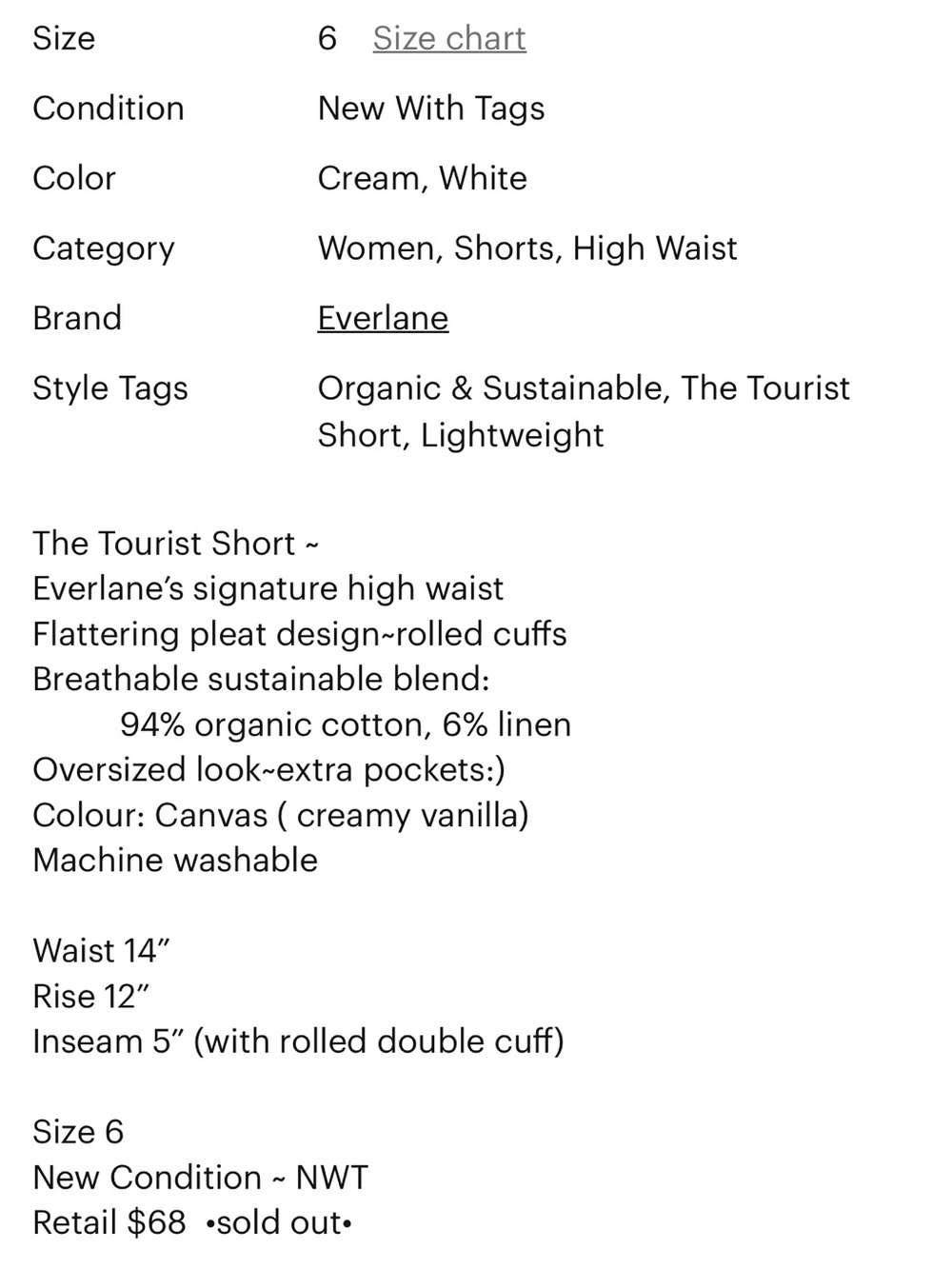 Everlane The Tourist Short, High Waist, Pleated, Rolled Cuffs~Canvas ~Size 6 - Picture 12 of 12